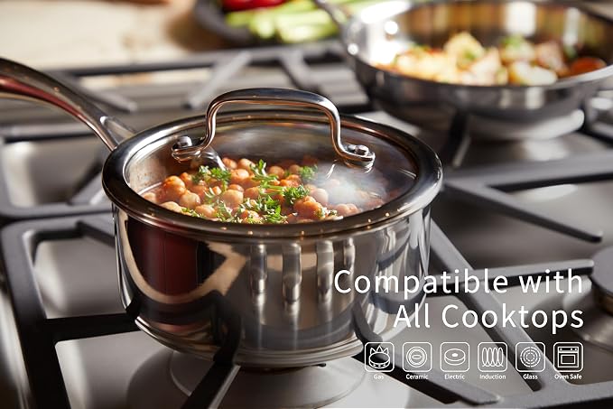 1.3 Quart Stainless Steel Saucepan with Glass Lid, 5 Ply Stainless Clad Construction, Suitable for All Cooktops, PTFE, PFAS and PFOA Free