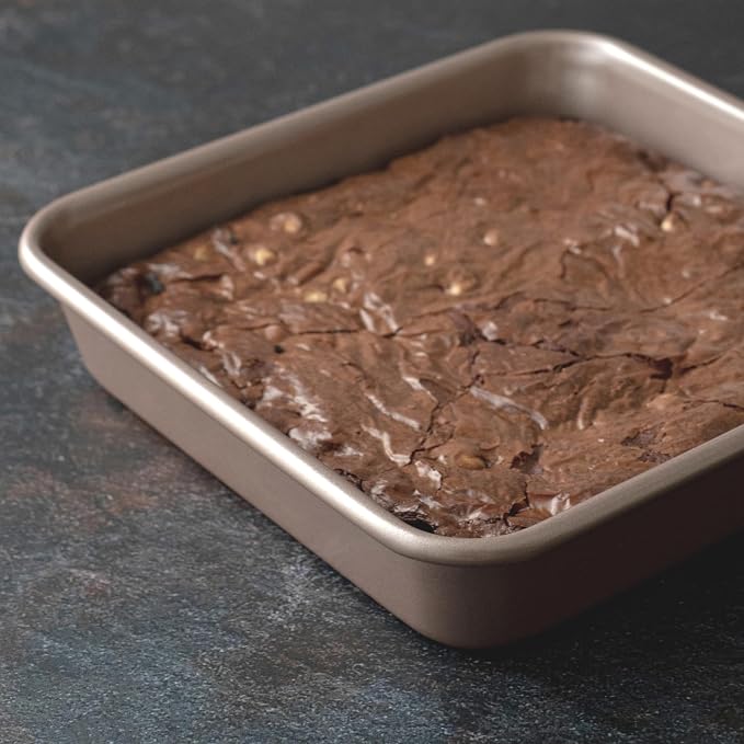 HAPPIELS 9x9in Square Baking Pan Nonstick for Oven Baking, PFOA & BPA Free | Non Toxic 9 x 9 Inch Cake & Brownie Pan | Best Nontoxic Square 9x9 inches Pans Non Stick| Carbon Steel Gold bakeware