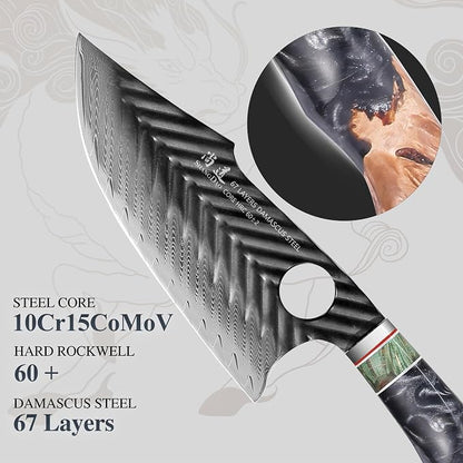 SHANGDAO Damascus Butcher Knife 7 Inch, Viking Cleaver Kitchen Knives with Leather Sheath - 67 Layers Alloy Steel with Professional Hand Forged Resin & Wood Handle QILIN Series