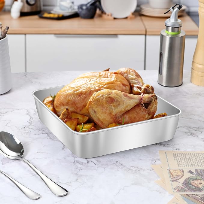 Herogo 8"x 8" Square Cake Pan, Stainless Steel Square Baking Pan, Cakes Brownie Lasagna Bakeware Set of 2, Healthy & Dishwasher Safe