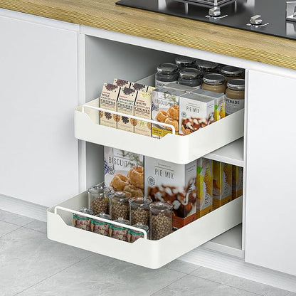 KMC Cabinet Pull-Out Organizer – No Screw, Double Layers Drawers, Peel & Stick Sliding Pantry Shelf – Kitchen Pullout with Home Adhesive