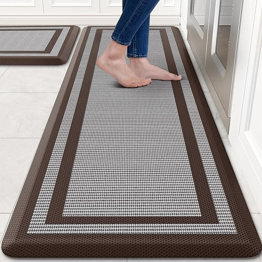 KitchenClouds [2 PCS Kitchen Rugs Cushioned Anti-Fatigue Kitchen Mats for Floor Waterproof Kitchen Rug Set Non-Slip Comfort Standing Mat for Office, Sink, Laundry 20"×30"+20"×60",Chocolate