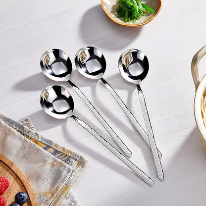 KEAWELL Premium Korean Soup Spoons with Long Handles, Set of 4, 18/10 Stainless Steel, Dishwasher Safe (Hammered)