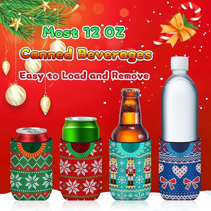 18 pack Christmas Can Cooler Sleeves Beer Drink Sweater Style Can Bottle Cooler Sleeves Collapsible for Christmas Holiday Party Decorations Supplies Favors