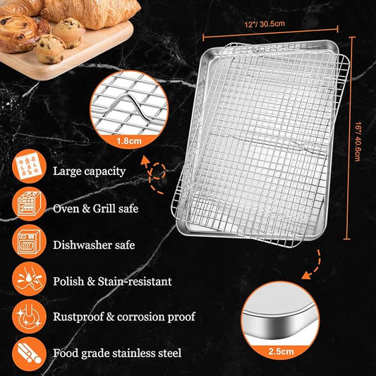 Jelly Roll Pan with Cooling Rack, Leonyo Baking Sheet Pan with Wire Rack, Commercial Stainless Steel & Nonstick Large Cookie Sheet Trays for Oven Cooking, Size 16 x 12 Inch (2 Trays + 2 Racks)