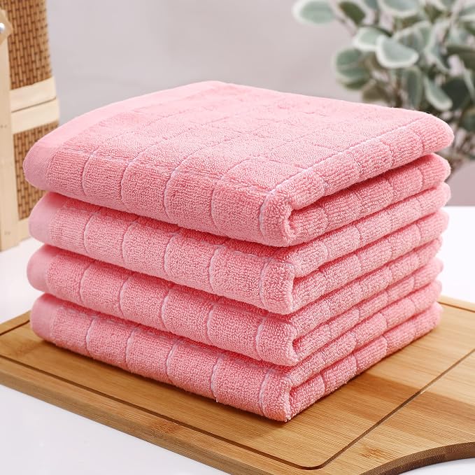 Homaxy 100% Cotton Terry Kitchen Towels(Pink, 13 x 28 inches), Checkered Designed, Soft and Super Absorbent Dish Towels, 18 Pack