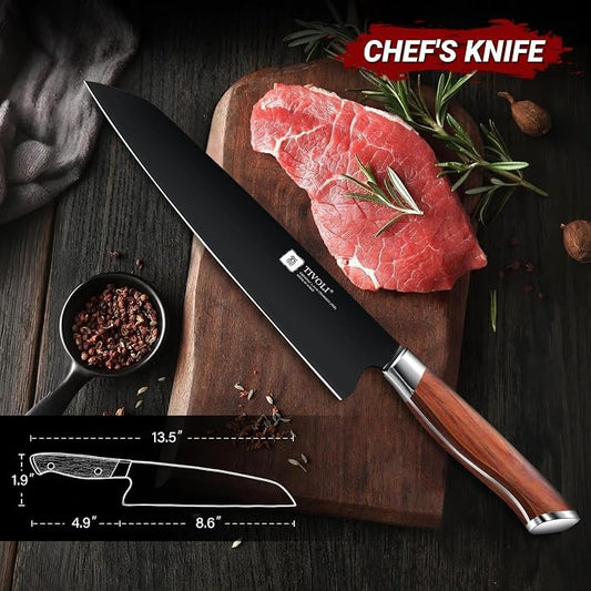 TIVOLI Chef Knife 8 Inch - Cooking Knife Hand Forged from High Carbon Steel - Ultra Sharp Deep Cutting Knives with Full Tang Ergonomic Wood Handle - Gift for Men Women