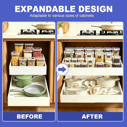 Expandable Pull Out Cabinet Organizer, No-Drill Pull Out Drawers, Roll-Out Shelf with Adhesive Pad & 3 Slide Rails for Framed Cabinets, Kitchen Pantry, 21" Deep, 12.2"-20.4", White, 4 Pack