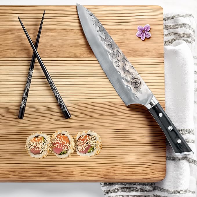 8” Professional Chef Knife – Hand Forged Kitchen Knife with Dark Wood Handle, Full Tang, Razor Sharp, Balanced – from British Fusion Atelier KOKORO – A Thoughtful Gift for Cooks