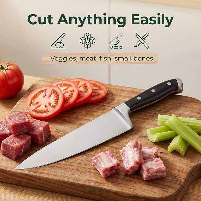 Classic 8 Inch High Carbon Steel Chef Knife, Triple Rivet Kitchen Knives with Ergonomic Handle, Ultra Sharp Cooking Knife for Meat, Vegetable and Fruit