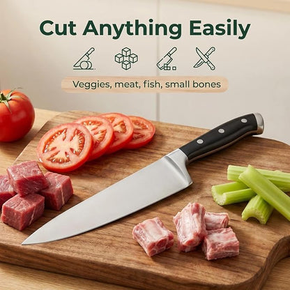 Classic 8 Inch High Carbon Steel Chef Knife, Triple Rivet Kitchen Knives with Ergonomic Handle, Ultra Sharp Cooking Knife for Meat, Vegetable and Fruit