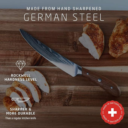 Swiss Diamond Carving Knife, German Steel with Carbonized Ash Wood, Full Tang Handle, Damascus Blade Chef Knives Professional Grade, 55+2 Rockwell Hardness, 8 Inch