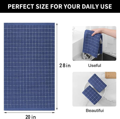 Homaxy 100% Cotton Terry Kitchen Towels(Navy Blue, 20 x 28 inches), Checkered Designed, Soft and Super Absorbent Dish Towels, Large 4 Pack