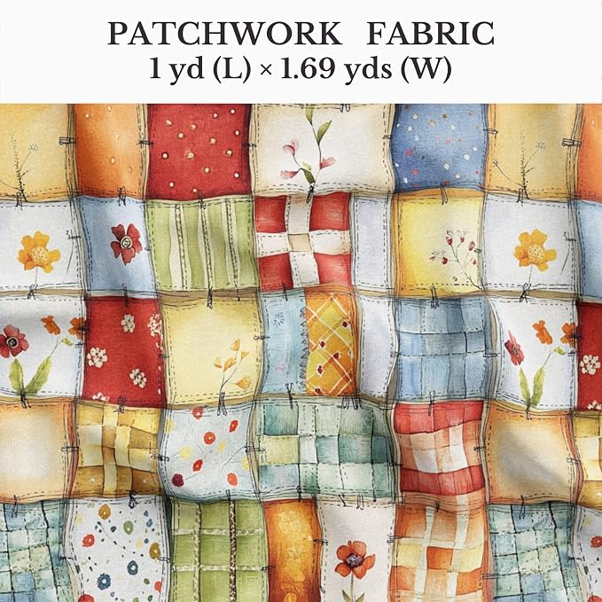 Patchwork Cotton Fabric Panel 61 x 36.6 Inches, Floral Quilt Style Squares, Soft Multicolor Design, 100% Cotton 140 GSM, Sewing Quilting Fabric