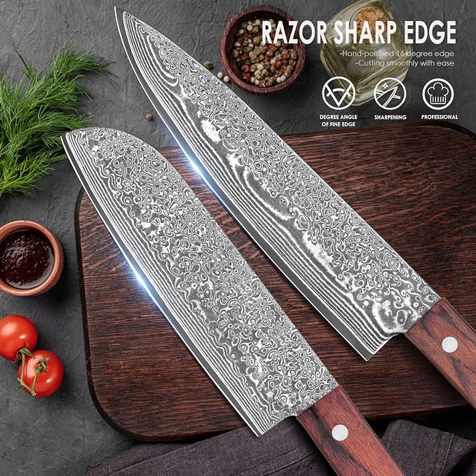 COOKLET'S Chef Knife and Santoku Knife 2PCS Kitchen Knife Set with Gift Box, Professional VG10 Damascus High Carbon Stainless Steel Chef's Knives – Ultra Sharp Cooking Knife with G10 Ergonomic Handle
