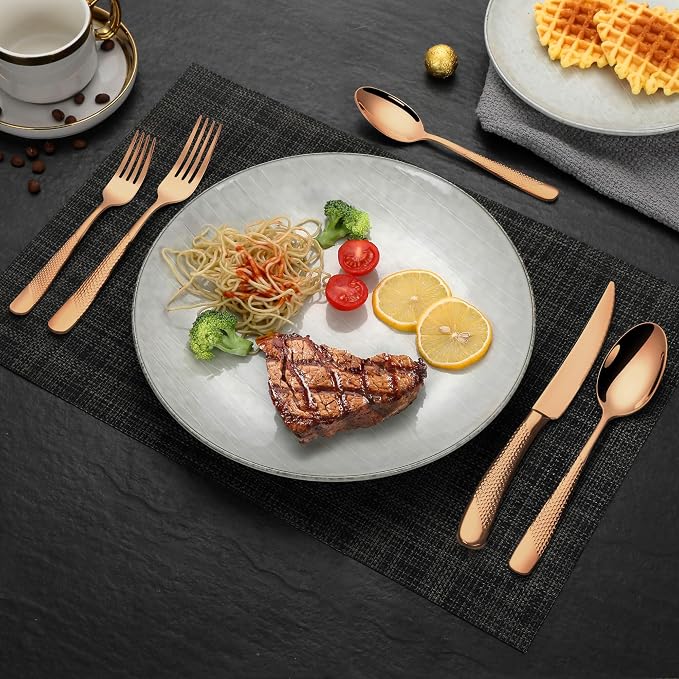Lemeya 20-Piece Hammered Rose gold Silverware Set for 4,18/10 Stainless Steel Flatware Set with Serrated Forged Knives,Heavy Duty Cutlery Set for Home & Party,Mirror Polished, Dishwasher Safe