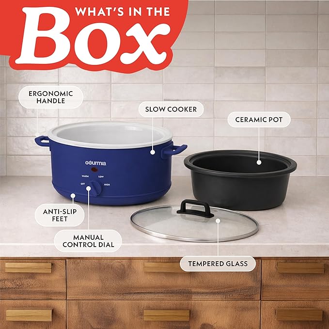 Gourmia Slow Cooker - 7 Quart Removable Ceramic Pot, Manual Controls with 3 Temperature Settings, Dishwasher Safe Crock and Glass Lid, Navy