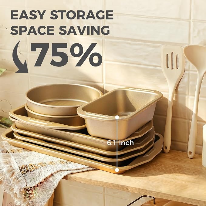 HONGBAKE 9-Piece Nonstick Bakeware Set, Wave Texture for Easy Release, 0.8mm Thick Non-Toxic Baking Pans Set, Includes Stackable Cookie Sheets, Antique Gold