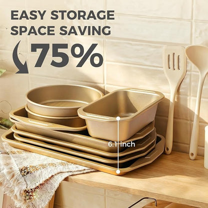 HONGBAKE 9-Piece Nonstick Bakeware Set, Wave Texture for Easy Release, 0.8mm Thick Non-Toxic Baking Pans Set, Includes Stackable Cookie Sheets, Antique Gold