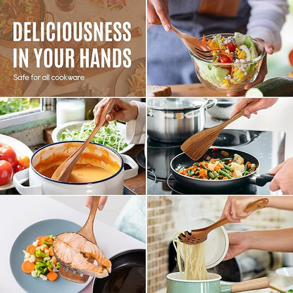 5 PCS Wooden Spoons for Cooking Natural Teak Kitchen Utensils Set Smooth Non-Stick Surface Cooking Utensils Set Soft Comfort-Grip Wooden Spatula Set