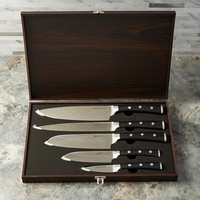 Berghoff Antigua 5Pc Knives With Case German Steel Etched Blade Ergonomically Designed Triple-riveted Handle Sharp & Well Balanced Satin Finish