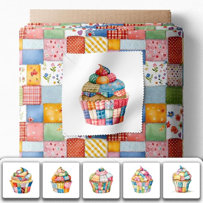 Patchwork Cupcake Fabric Panel – Single Continuous Cotton Satin Panel with 6 Printed Squares 9.8” x 9.8” and Bonus Patchwork Area – 100% Cotton for Quilting & Sewing