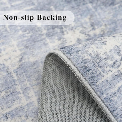 Washable 2x5 Abstract Hallway Runners: Indoor Water Resistant Kitchen Sink Rug Soft Living Room Bedroom Carpet Thin Low Pile Non Slip Floor Mat for Bathroom Entrance Laundry Room(2X5,Blue/Ivory)