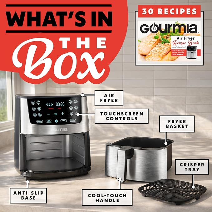 Gourmia Air Fryer Oven Digital Display 8 Quart Large AirFryer Cooker 12 Touch Cooking Presets, XL Air Fryer Basket 1700w Power Multifunction GAF838 Black and stainless steel air fryer