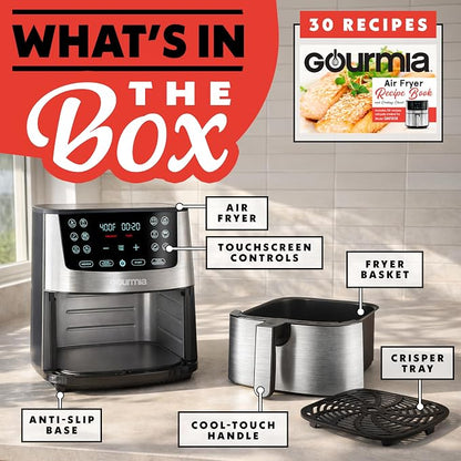 Gourmia Air Fryer Oven Digital Display 8 Quart Large AirFryer Cooker 12 Touch Cooking Presets, XL Air Fryer Basket 1700w Power Multifunction GAF838 Black and stainless steel air fryer