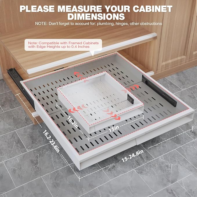 Seinloes 4 Pack Pull Out Cabinet Organizer Expandable Width (15"-24.8") & Depth (16.2"-23.6"), 3 Slide Rails Slide Out Drawers with Handle, Includes Raising Pad for Framed Cabinets, White