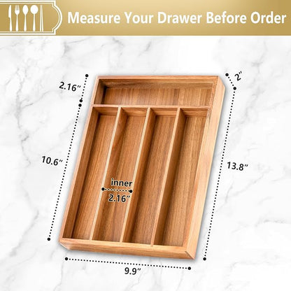 Silverware Organizer, 10 Inch Utensil Organizer Kitchen Drawer Organizer Acacia Silverware Holder Cutlery Tray Organizer in Drawer Flatware Organizer Tray(5 slots, Acacia