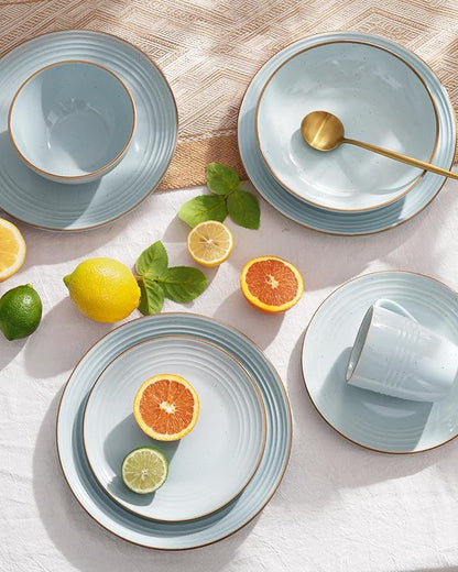 Famiware Jupiter 12-Piece Stoneware Dinnerware Set, Handcrafted Plates and Bowls with Speckles & Embossed Swirls, Chip/Scratch Resistant, Microwave/Dishwasher Safe, Modern Dishes, Service for 4, Blue