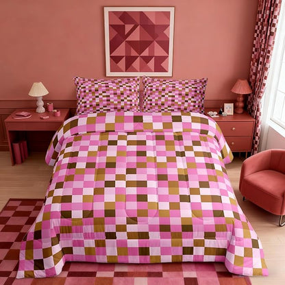 Manfei Pixel Grid Theme Comforter Set Queen Size,Cartoon Gamepad Duvet Insert Adults Bedroom Decor,Abstract Simple Bedding Set,Brown Pink Ultra Soft Microfiber Inner Fill 3Pcs Bedding