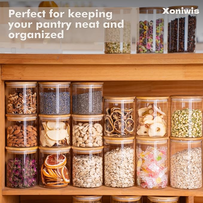 6-Pack 0.8Qt Round Glass Storage Jars with Bamboo Lids | Minimalist Kitchen Organizer,Pantry Storage Container,Food Storage Container,Scandinavian Style Storage,Nordic Style Storage