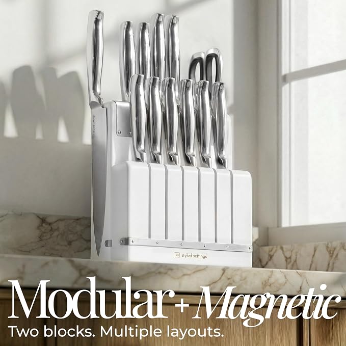 Magnetic Knife Set with Sharpener - Space Saving Convertible In Drawer Knife Block with Stainless Steel Kitchen Knives - Knife Drawer Organizer, German Steel Knife Set