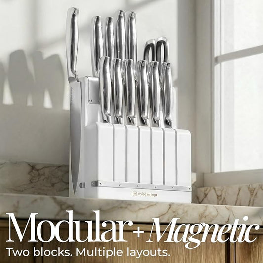 Magnetic Knife Set with Sharpener - Space Saving Convertible In Drawer Knife Block with Stainless Steel Kitchen Knives - Knife Drawer Organizer, German Steel Knife Set