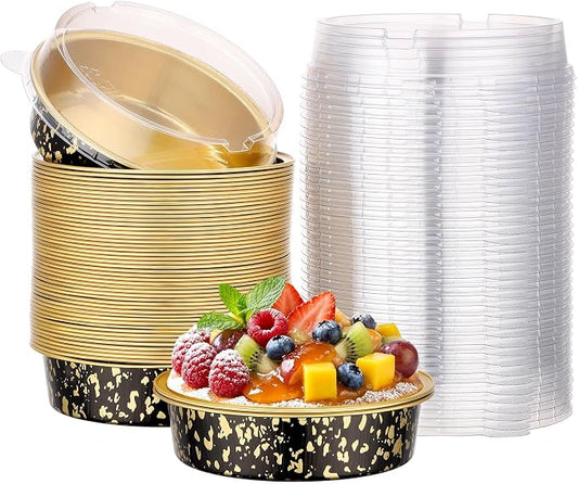 Beasea 4 Inch Pie Tins with Lids, 50 Pack 7.3 Oz Disposable Mini Tart Tins, Aluminum Foil Baking Tins Small Round Muffin Container Mini Cheesecake Cups for Pie Tart Quiche - Black Gold Speckles