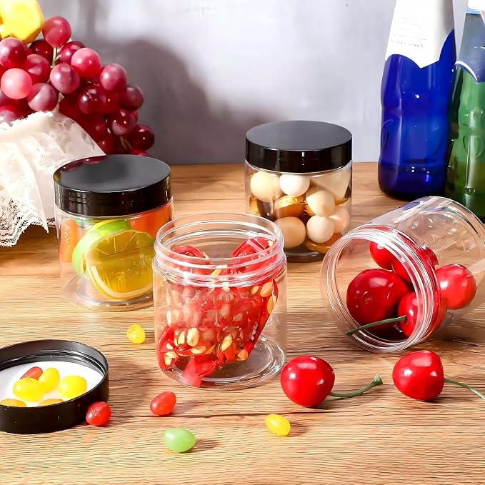 24 Pieces Empty Clear Plastic Jars with Lids Round Storage Containers Wide-Mouth for Beauty Product Cosmetic Cream Lotion Liquid Butter Craft and Food (Black Lid, 8 oz)