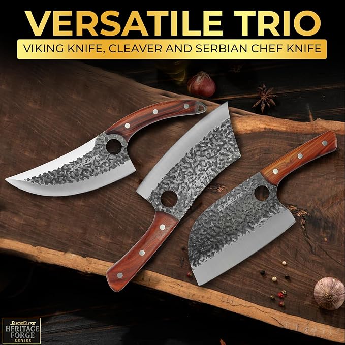 SliceElite Hand-Forged Professional Butcher Knife (3 PC BUTCHER KNIFE SET W/SANDLEWOOD HANDLES)