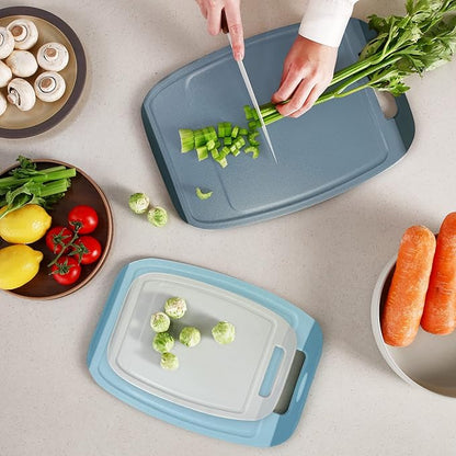 Neoflam Microban Antimicrobial Plastic Cutting Board 3 Sets, BPA Free, Non-Slip EZ Grip Handle, Dishwasher Safe, Reversible Use, Large Juice Grooves, Blue Gray