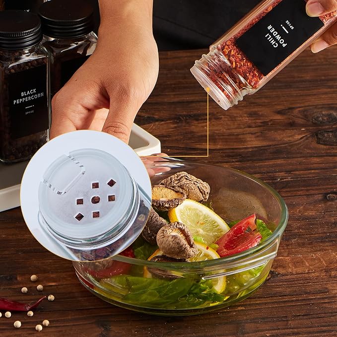 Skiileor 48 Pcs Spice Jars with Label- Glass Spice Jars with Black Metal Caps,Shaker Lids, Funnel, Chalk Pen 4oz Seasoning Containers Bottles for Spice Rack, Cabinet, Drawer
