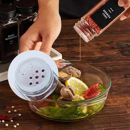 Skiileor 25 Pcs Spice Jars with Label- Glass Spice Jars with Black Metal Caps,Shaker Lids, Funnel, Chalk Pen, 4oz Seasoning Containers Bottles for Spice Rack, Cabinet, Drawer