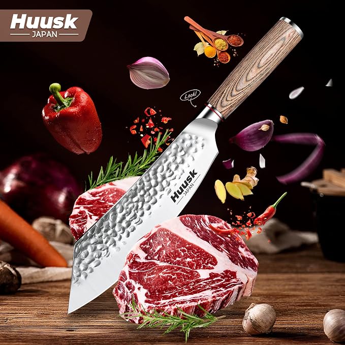 Huusk Japanese Meat Cleaver Knife - 8 Inch Professional High Carbon Steel Hand Forged Butcher Cleaver for Meat & Vegetable Cutting, Sharp Kitchen Knife with Pakkawood Handle, Gift Idea for Men Women