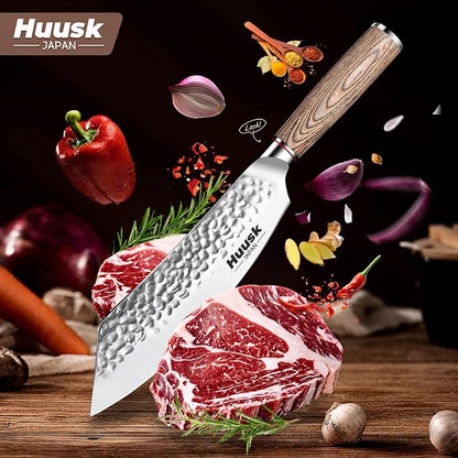 Huusk Japanese Meat Cleaver Knife - 8 Inch Professional High Carbon Steel Hand Forged Butcher Cleaver for Meat & Vegetable Cutting, Sharp Kitchen Knife with Pakkawood Handle, Gift Idea for Men Women