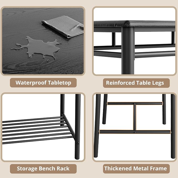 IRONCK Dining Table Set for 4, Kitchen Table with Upholstered Bench and 2 Chairs, Kitchen Table and Chairs Set for Small Space, Apartment, Black