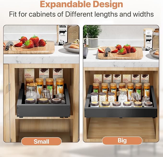 1 Pack Pull out Cabinet Organizer, Width (12"-19") Depth (17"-23"), with 3 Rails Adjustable Slide, Expandable Pullout Drawers for Cabinets, No Drill Adhesive Kitchen Drawers for Pantry Shelves