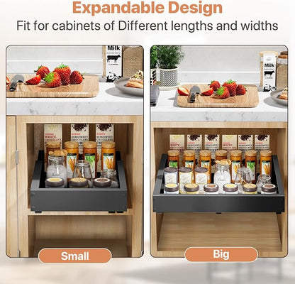 1 Pack Pull out Cabinet Organizer, Width (12"-19") Depth (17"-23"), with 3 Rails Adjustable Slide, Expandable Pullout Drawers for Cabinets, No Drill Adhesive Kitchen Drawers for Pantry Shelves