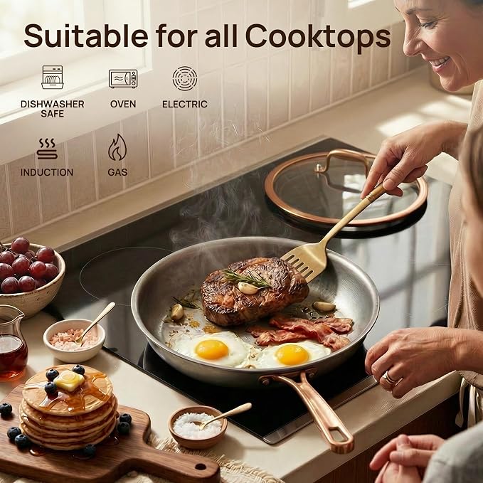 KOKHUB Tri-Ply Stainless Steel Frying Pans Set, 8"/9.5"/11" Vintage Cooking Pans with Lids, PFOA/PTFE/PFAS Free Skillet, Non-Toxic Induction Cookware, Dishwasher & Oven Safe, All Cooktops Compatible