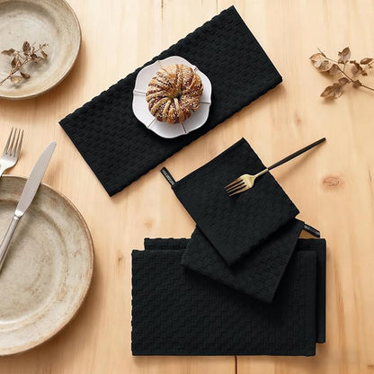 Homaxy 100% Cotton Kitchen Towels and Dishcloths Set, 12 x 12 & 15 x 25 Inches, Set of 16 Bulk Terry Cloth Dish Towels, Super Soft and Absorbent Hand Towel with Hanging Loop, Black