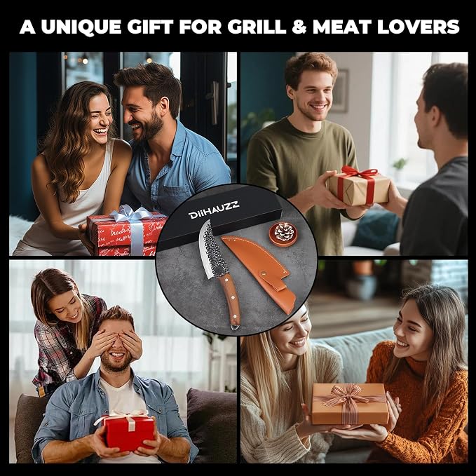 DiiHAUZZ Viking Chef Knife, 6 Inch Hand Forged High Carbon Steel - Ultra Sharp Butcher Boning Knife for BBQ Prep, Meat Cutting and Camping with Leather Sheath, Gifts for Men